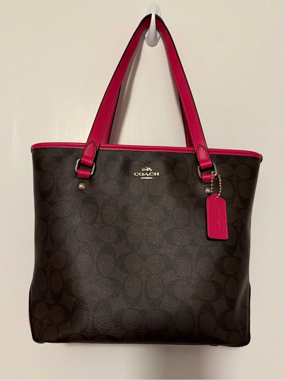 Coach Brown Signature Tote with Hot Pink Trim